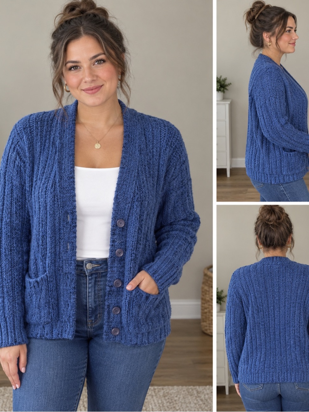 Vintage YarnWorks Blue Ribbed Knit Cardigan Sweater M Chunky Button Front Pocket